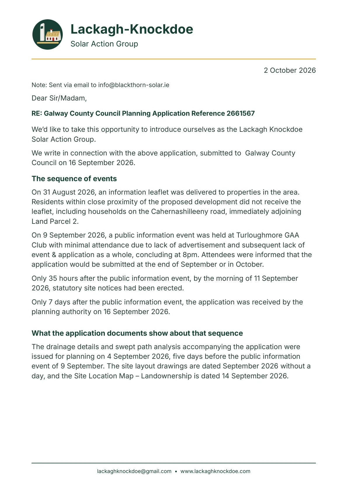 Letter to Blackthorn Solar Farm, page 1 of 2. Full text is above.