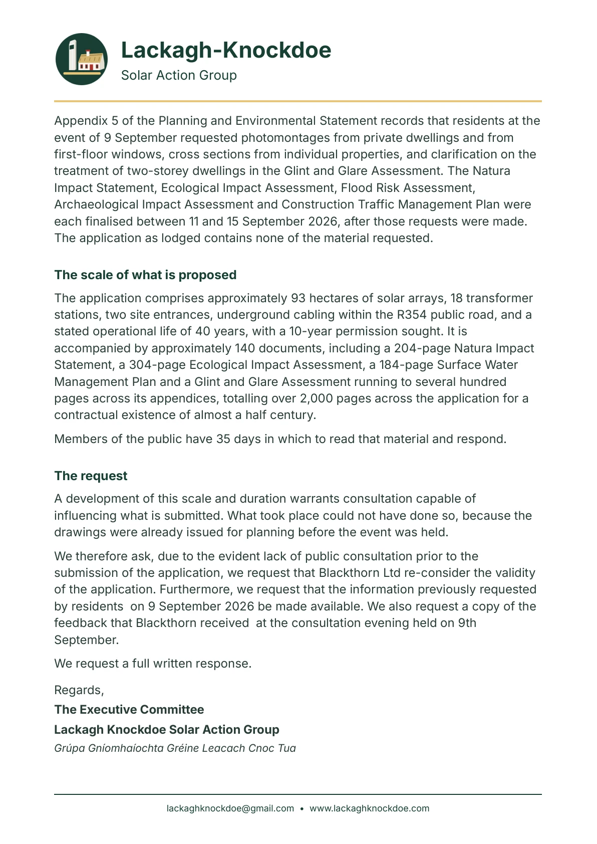 Letter to Blackthorn Solar Farm, page 2 of 2. Full text is above.