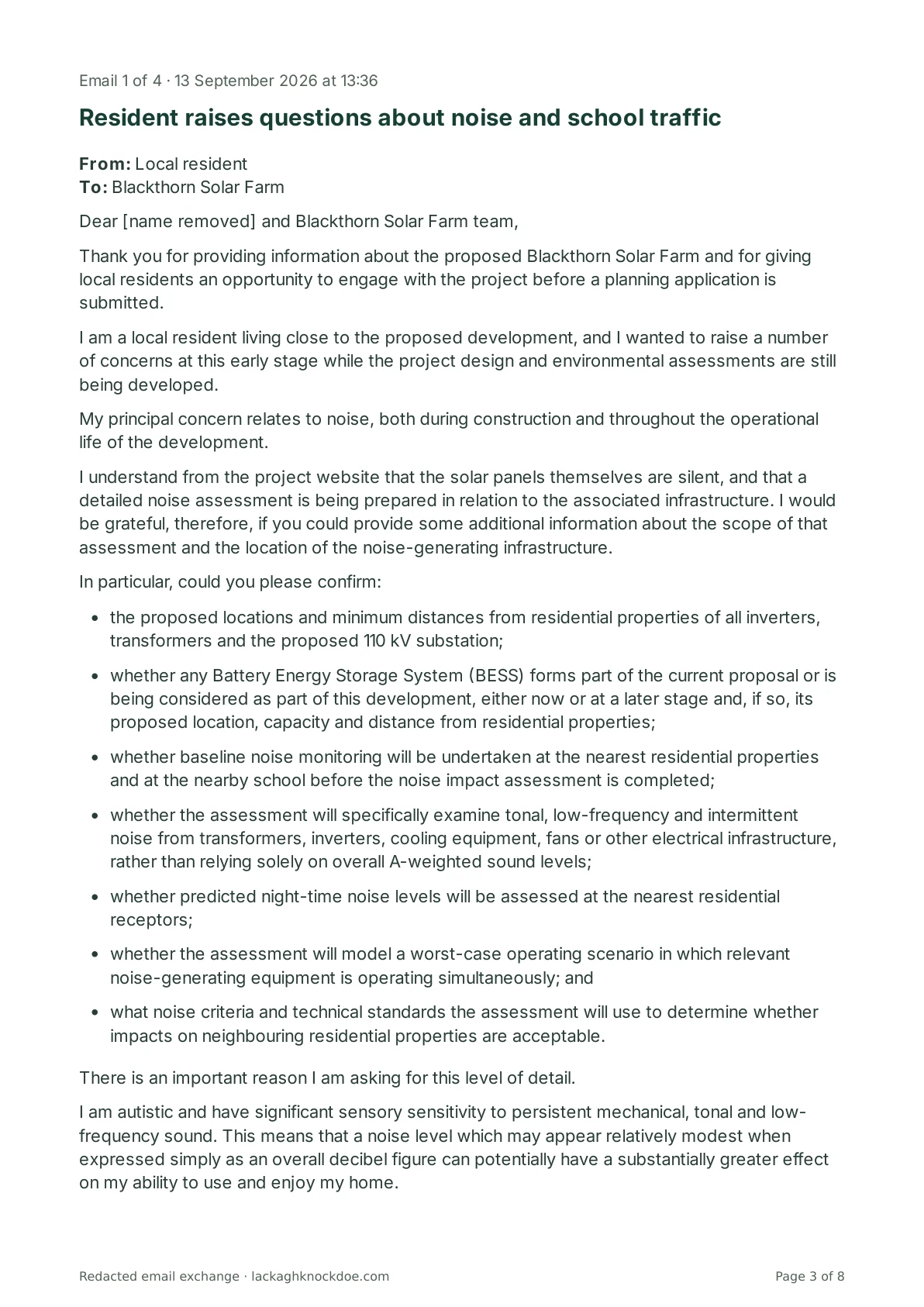 Redacted email exchange with Blackthorn Solar Farm, page 3 of 8. Full text is above.