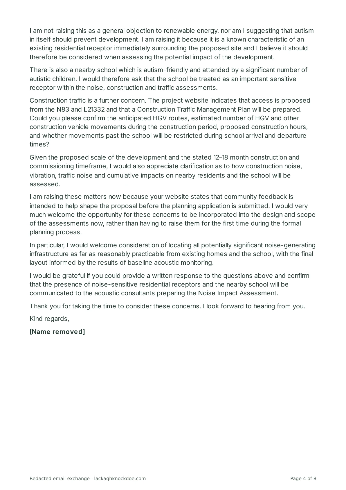 Redacted email exchange with Blackthorn Solar Farm, page 4 of 8. Full text is above.