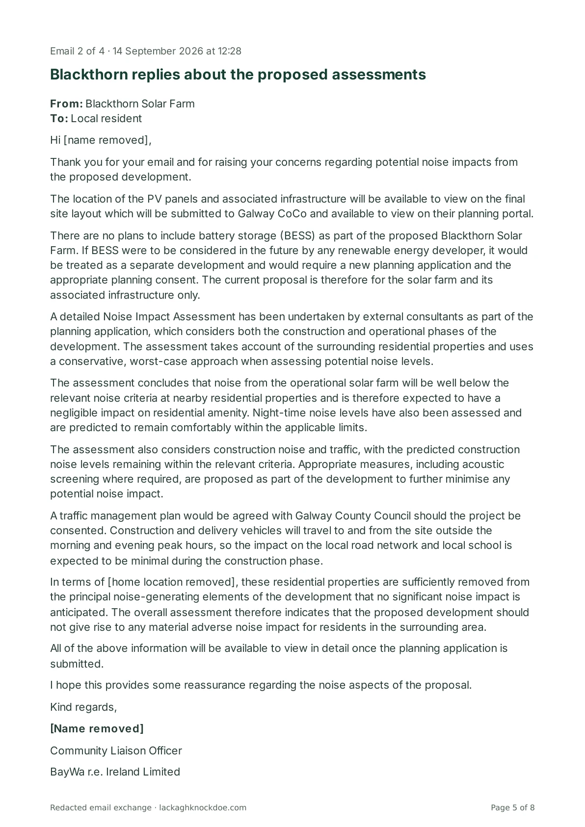 Redacted email exchange with Blackthorn Solar Farm, page 5 of 8. Full text is above.