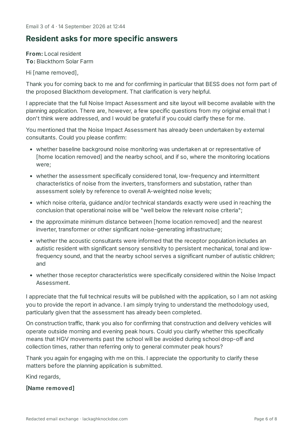 Redacted email exchange with Blackthorn Solar Farm, page 6 of 8. Full text is above.
