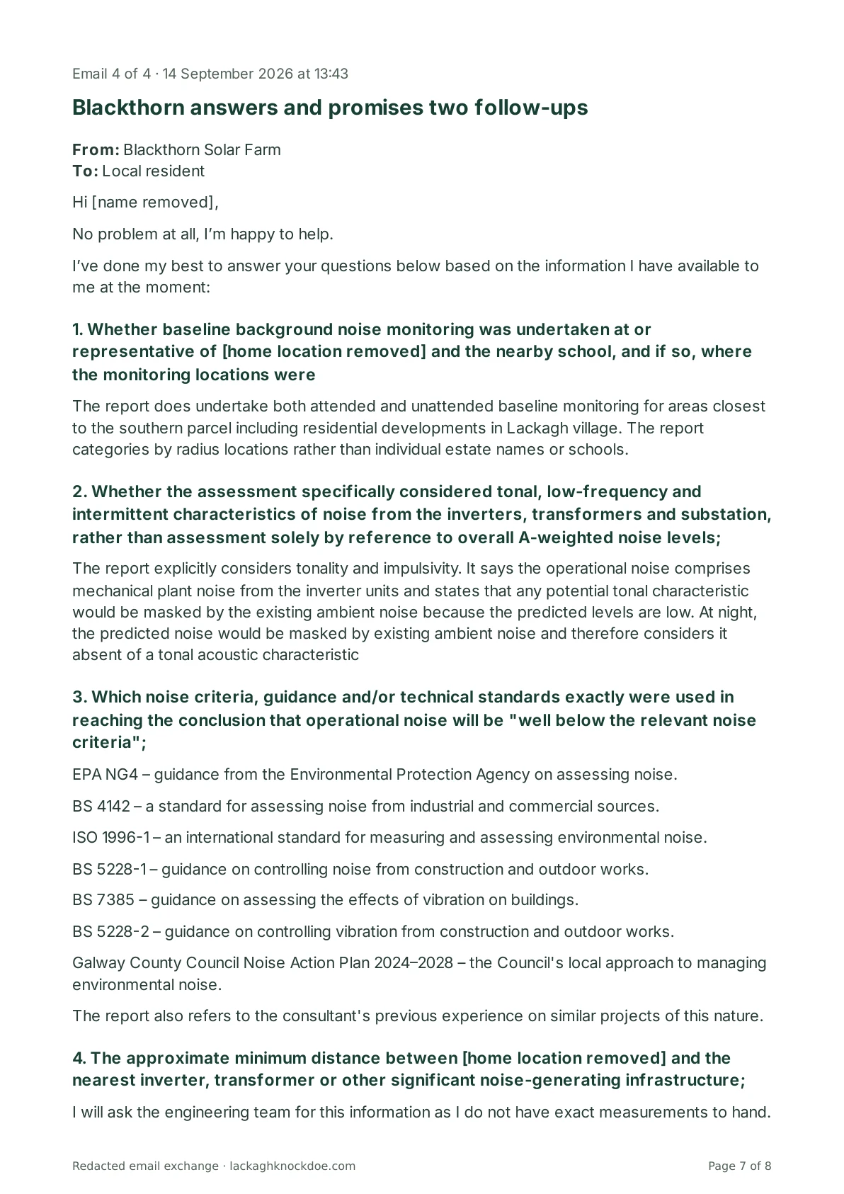 Redacted email exchange with Blackthorn Solar Farm, page 7 of 8. Full text is above.