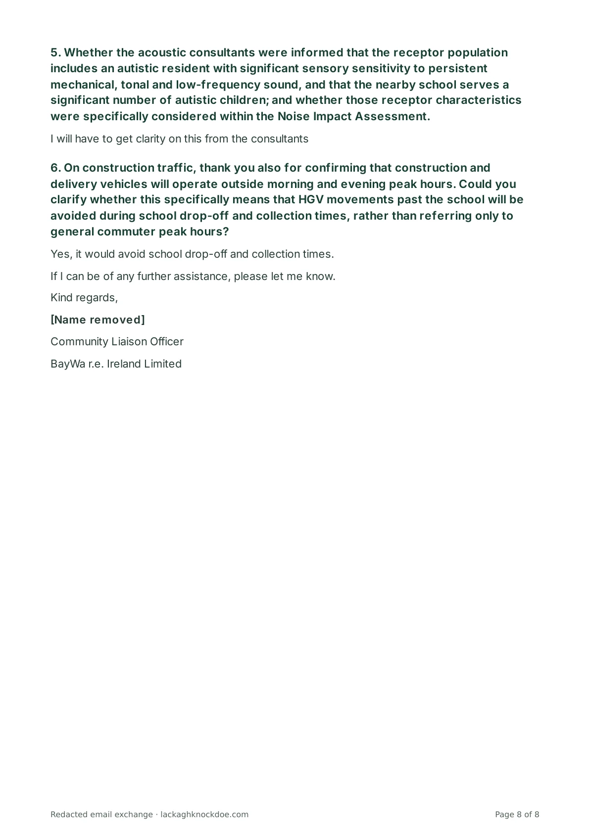 Redacted email exchange with Blackthorn Solar Farm, page 8 of 8. Full text is above.