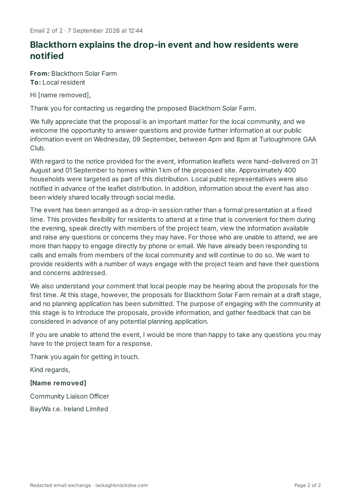 Redacted email exchange with Blackthorn Solar Farm, page 2 of 2. Full text is above.