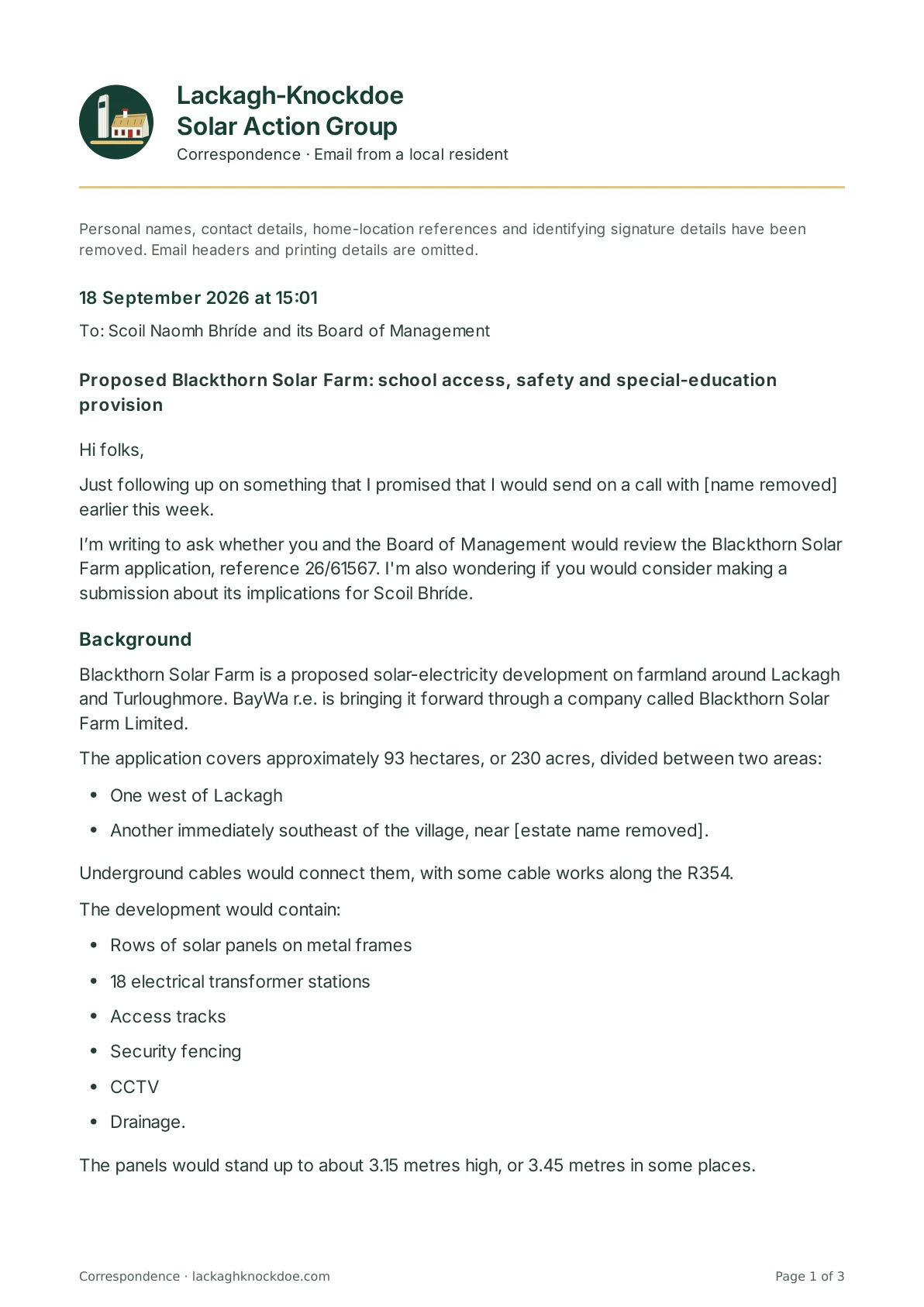 Email to Scoil Naomh Bhríde and its Board of Management, page 1 of 3. Full text is above.