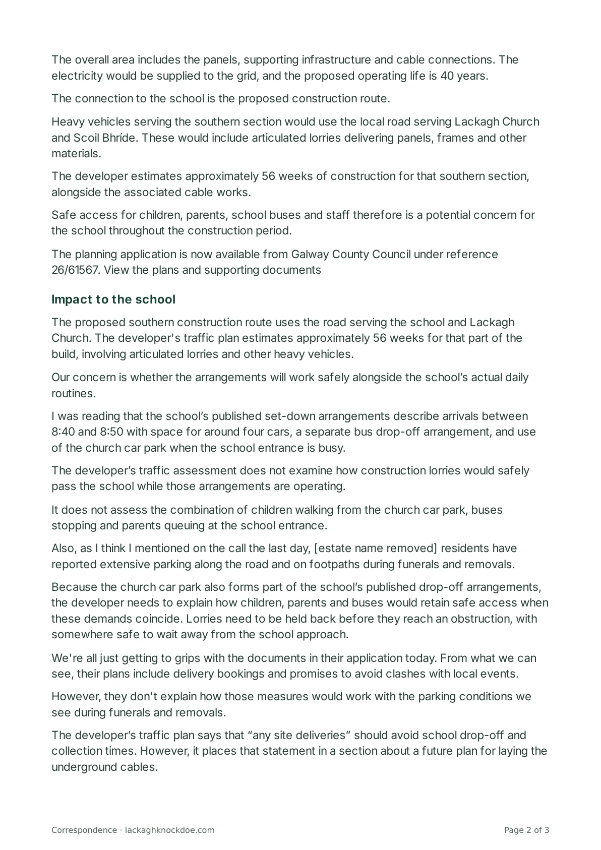 Email to Scoil Naomh Bhríde and its Board of Management, page 2 of 3. Full text is above.