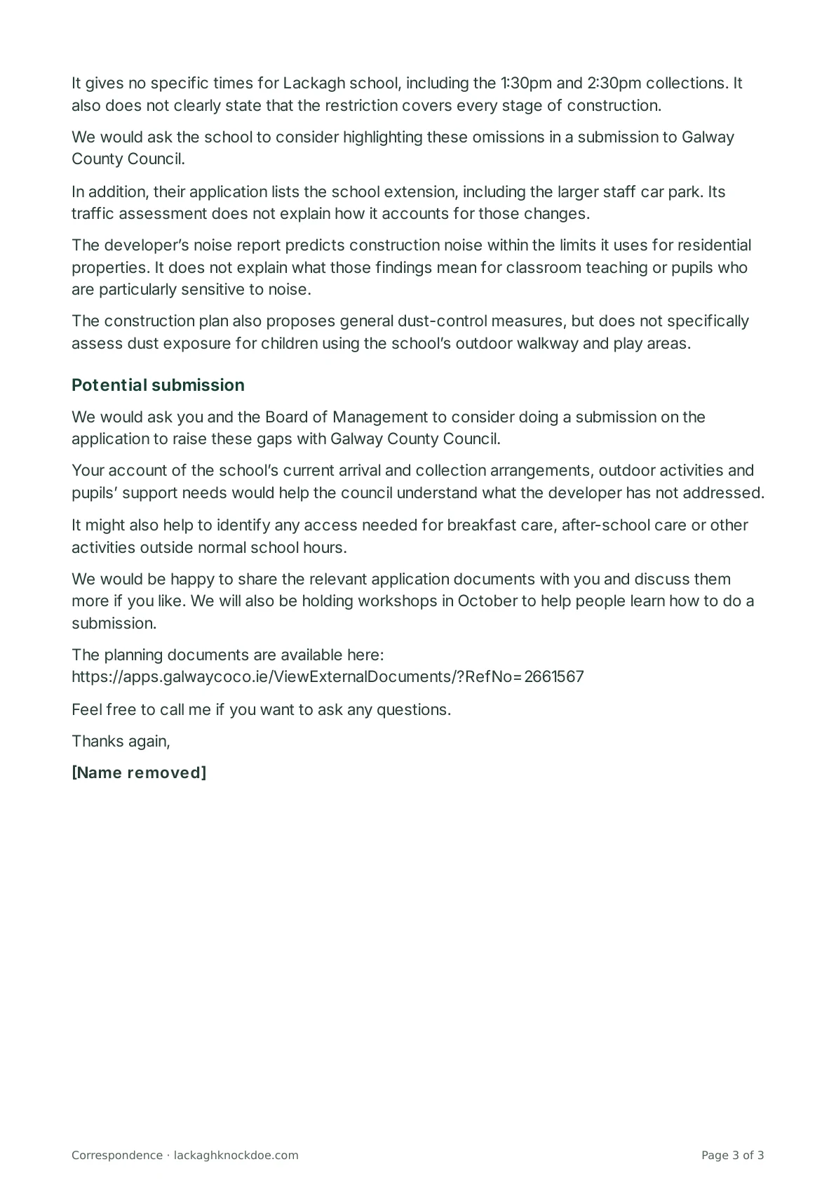 Email to Scoil Naomh Bhríde and its Board of Management, page 3 of 3. Full text is above.