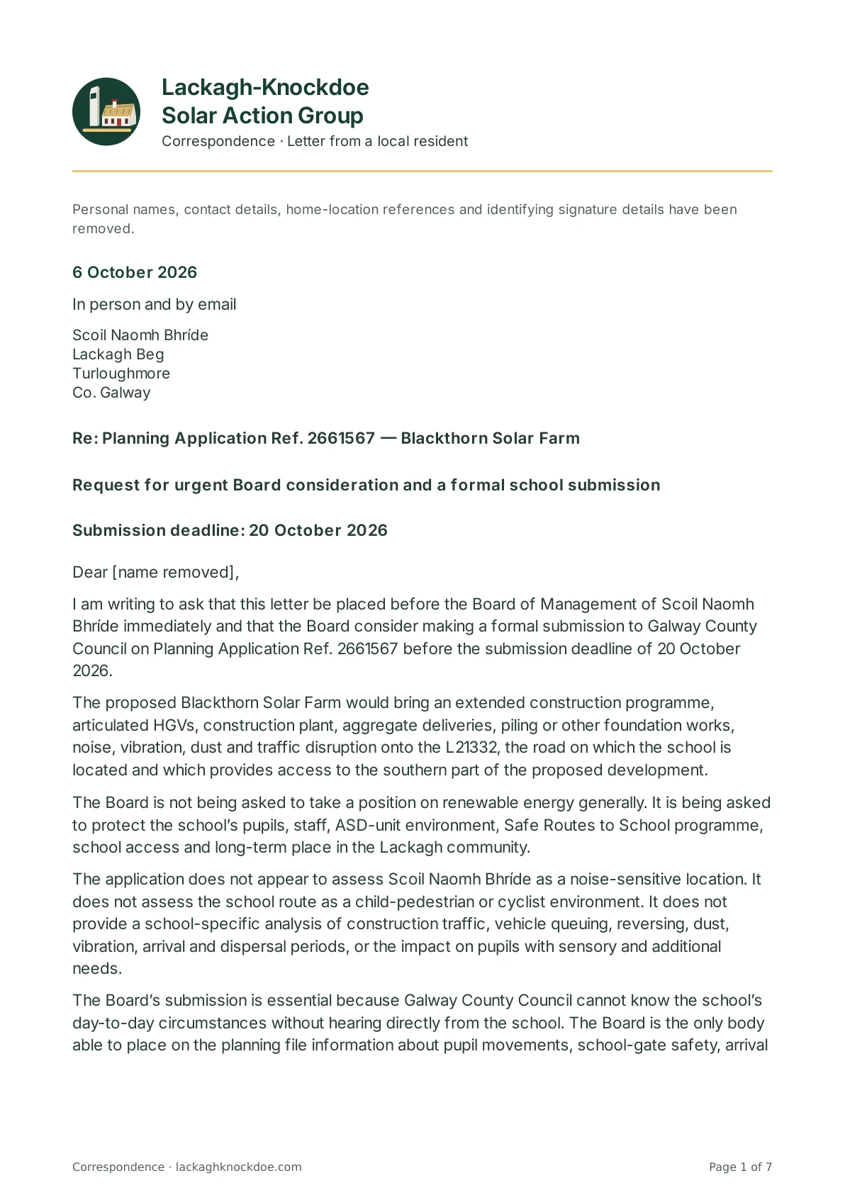 Letter to Scoil Naomh Bhríde and its Board of Management, page 1 of 7. Full text is above.