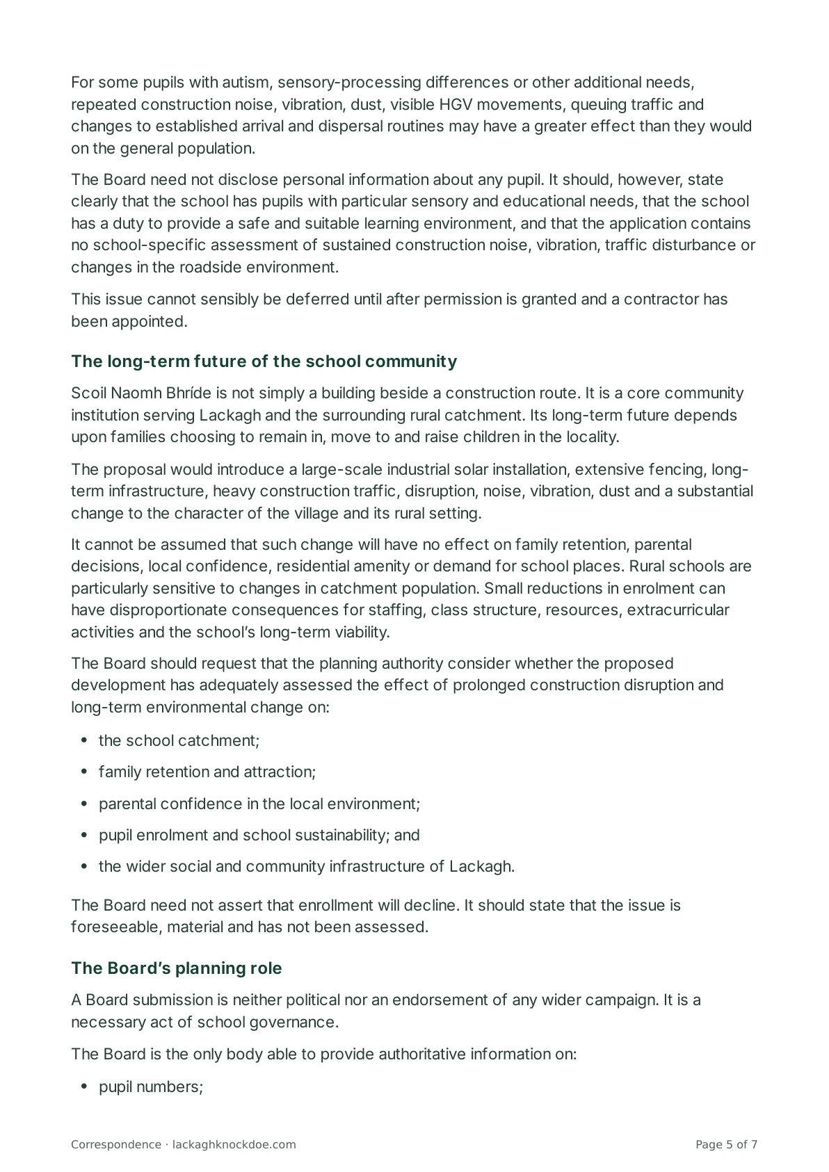 Letter to Scoil Naomh Bhríde and its Board of Management, page 5 of 7. Full text is above.