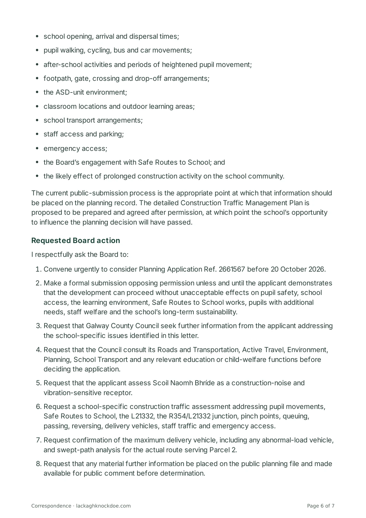 Letter to Scoil Naomh Bhríde and its Board of Management, page 6 of 7. Full text is above.