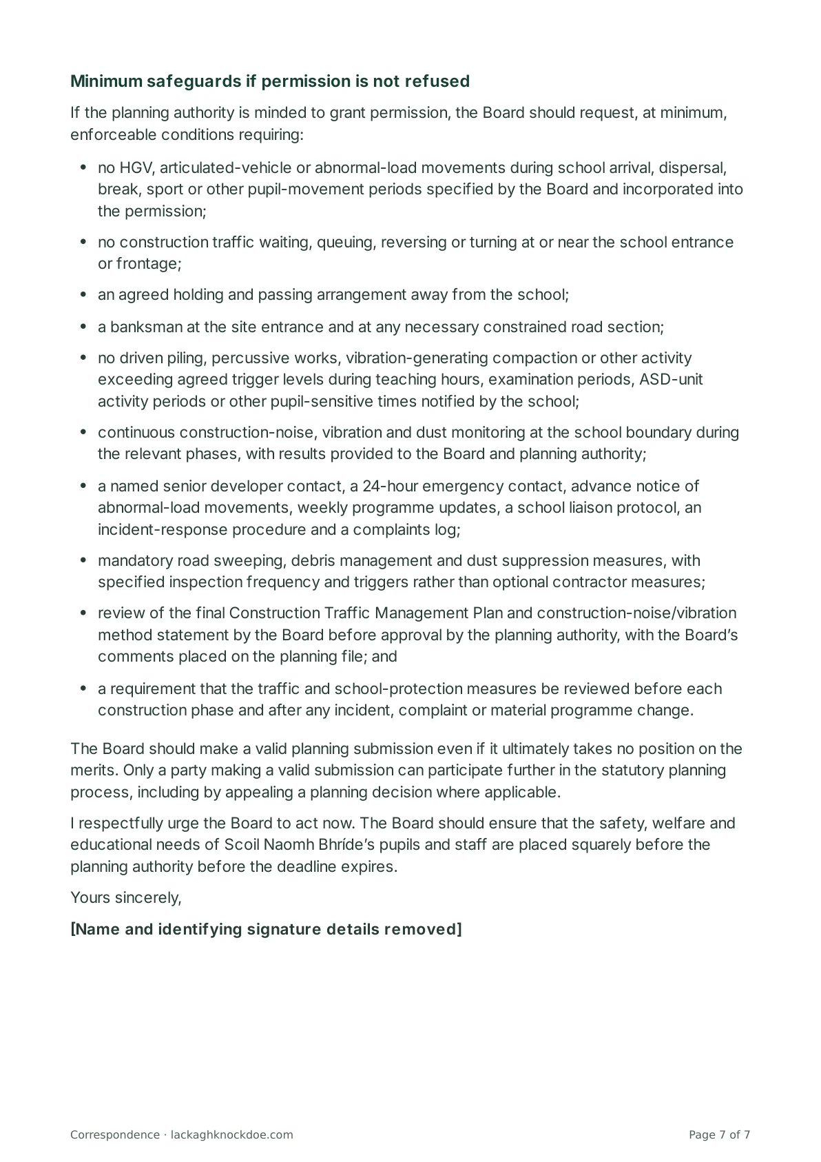 Letter to Scoil Naomh Bhríde and its Board of Management, page 7 of 7. Full text is above.
