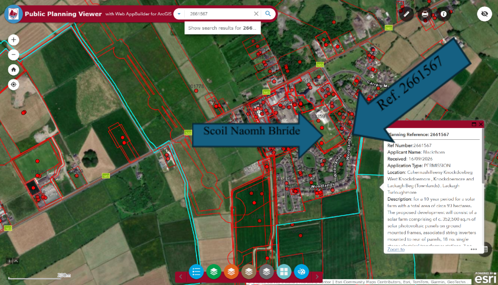 Map from the supplied letter showing the proposed southern development parcel beside Lackagh village and Scoil Naomh Bhríde. An arrow marks the school on the road beside the site.